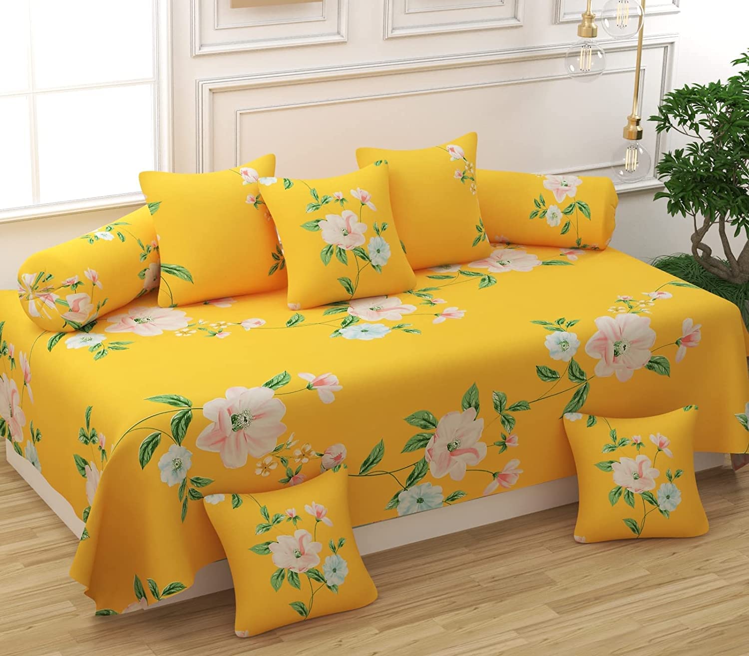 Microfiber Fabric 8 Pcs Diwan Set Covers 1 Bedsheet 5 Cushion Covers 2 Bolster Covers (Yellow Flower)-image-18