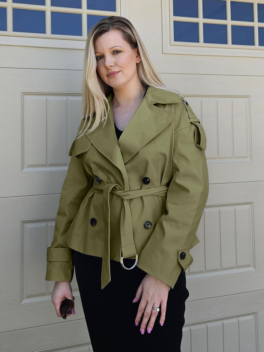 Tankaneo Womens Cropped Trench Coat Casual Double Breasted Short Jacket Fall Fashion Outerwear with Belt - Image 3