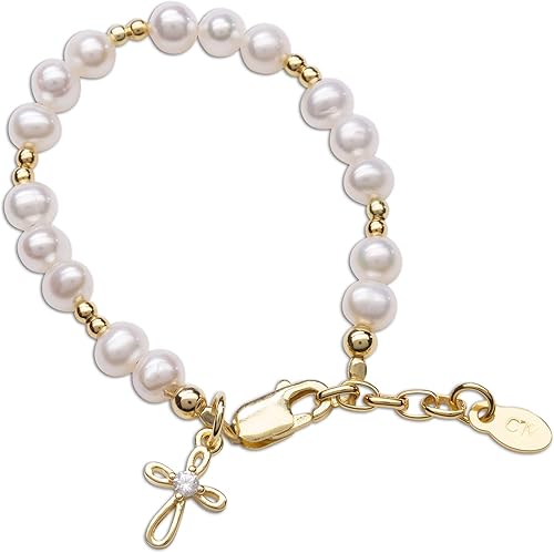 Pulsera yo collar para niños chapado en oro de 14 quilates con perlas cultivadas y colgante de cruz para bautismo, bautizo o primera comunión regalo