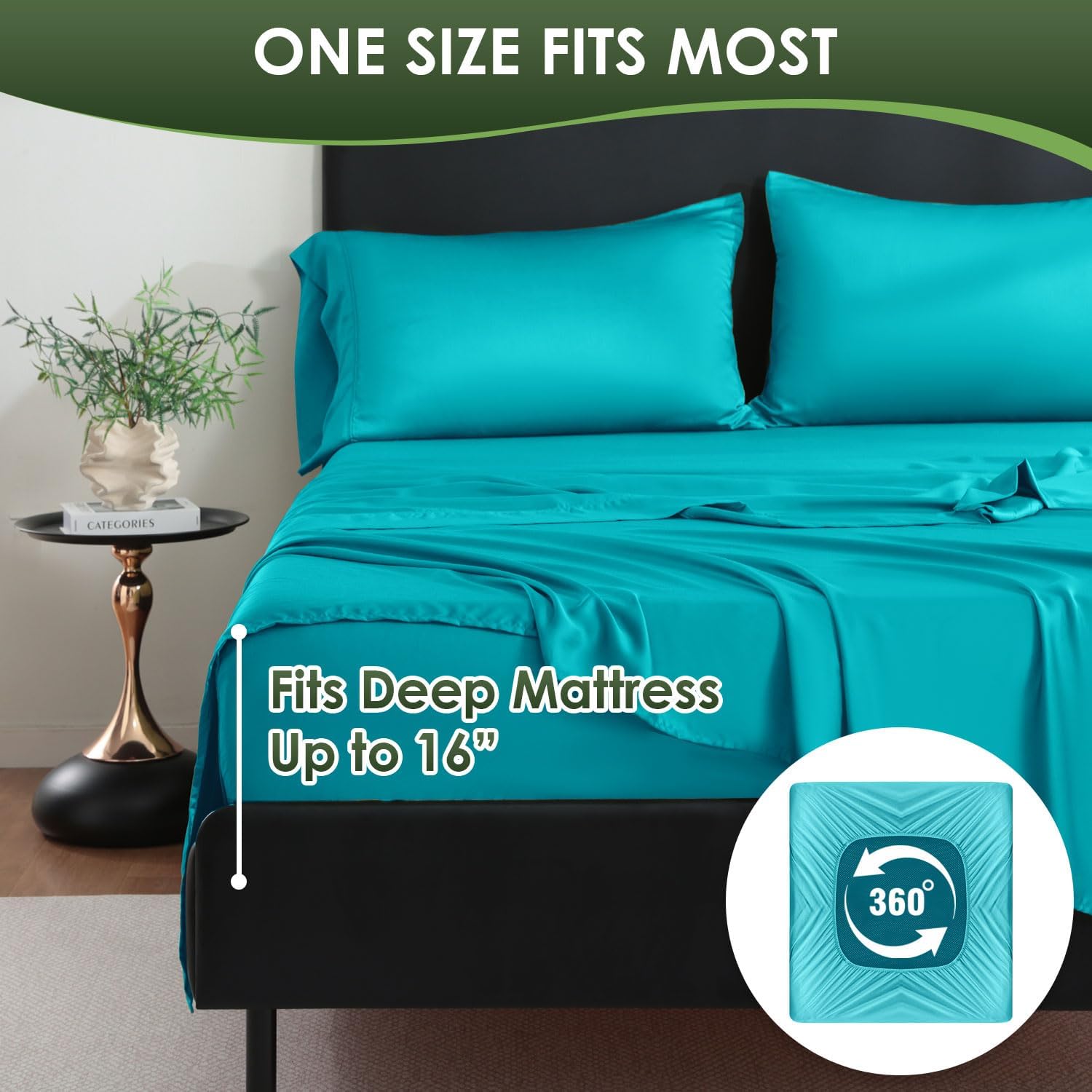 Luxury Sheets 100% Viscose Derived from Bamboo, 4pcs Cooling Sheet Set for Hot Sleeper, King Size Bedding, 16" Deep Pocket, Teal - Image 7