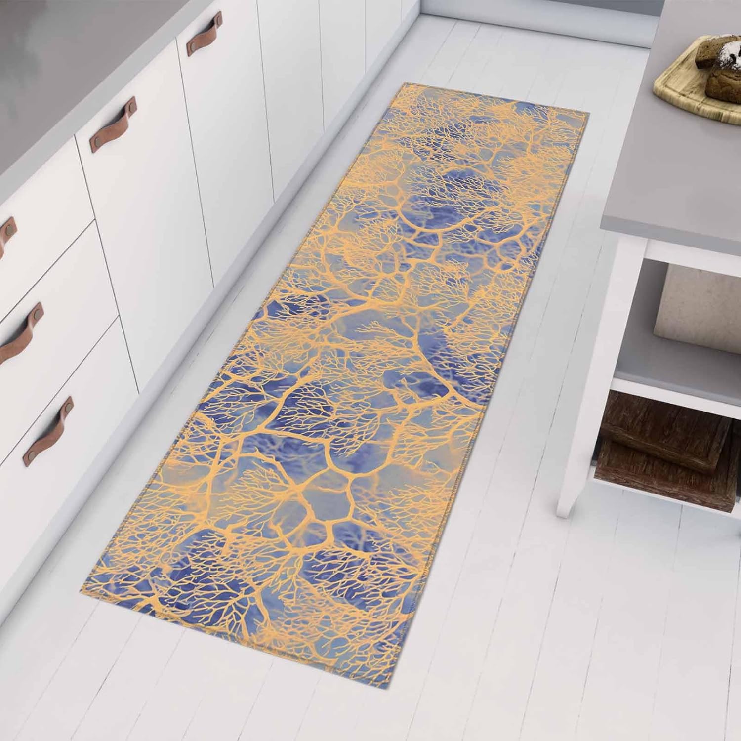 Teamery Kitchen Mats for Floor Orange Coral Branches on Blue Washable Non Slip Kitchen Rugs 1PCS, Ocean Abstract Art Absorbent Standing Mats for Sink Bathroom Office Living Room 15.7x47.2in