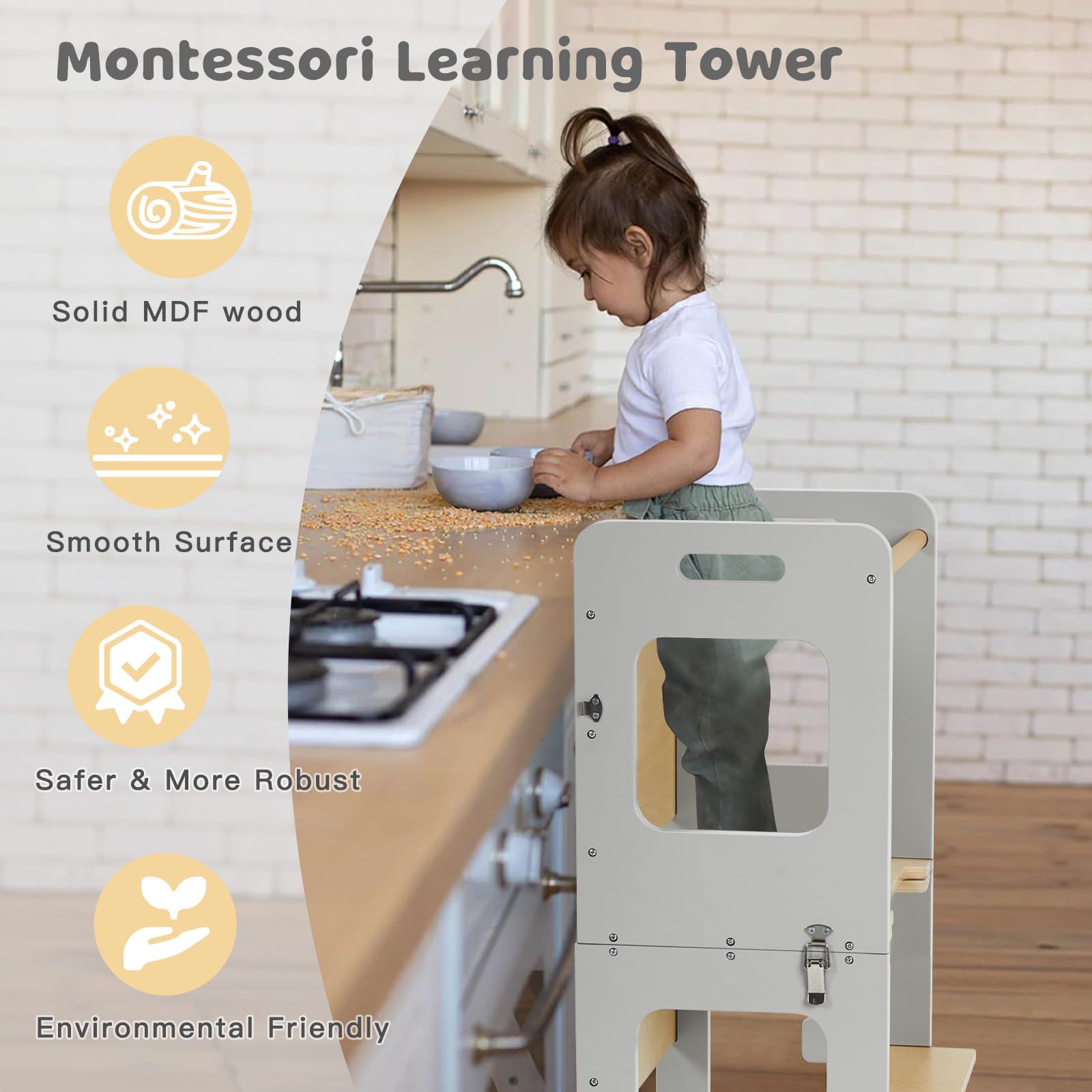 labebe Lernturm für Kinder, Montessori Learning Tower mit Tafel, Multifunktion 3 in 1 Faltbarer Lernturm, Lernturm ab 1 Jahr für Küche Tisch Bad Lerntower（Grau）