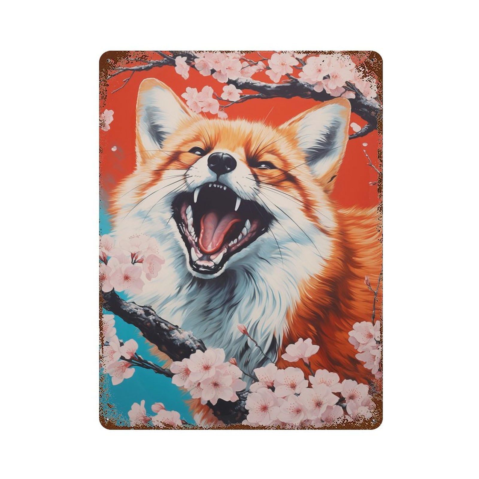 Decorative Tin Sign Fox with Cherry Blossoms 15.7"x11.8", Decorative Metal Wall Art for Garage, Bar And Workshop Decor