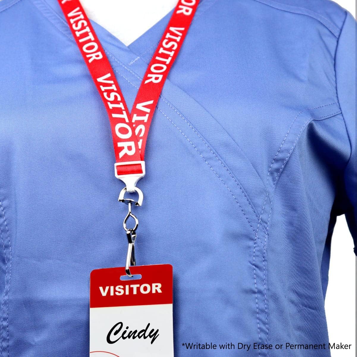 25 Pack - Visitor Badges with Lanyards - Heavy Duty Preprinted Visitor PVC Plastic Badge - Reusable & Dry Erase Writable - Red Breakaway Lanyard w/Swivel Clip - Guest Name Tag Holder - Specialist ID