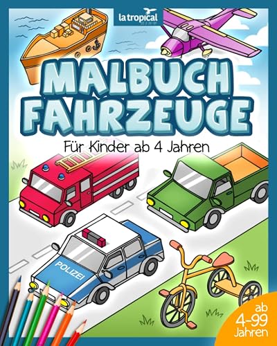 Malbuch Fahrzeuge für Kinder ab 4 Jahren: Dreidimensionales Denken beim Malen von Autos, Einsatzfahrzeugen der Polizei, Feuerwehr, Traktor, Bagger und weiteren Malvorlagen wird geschult.