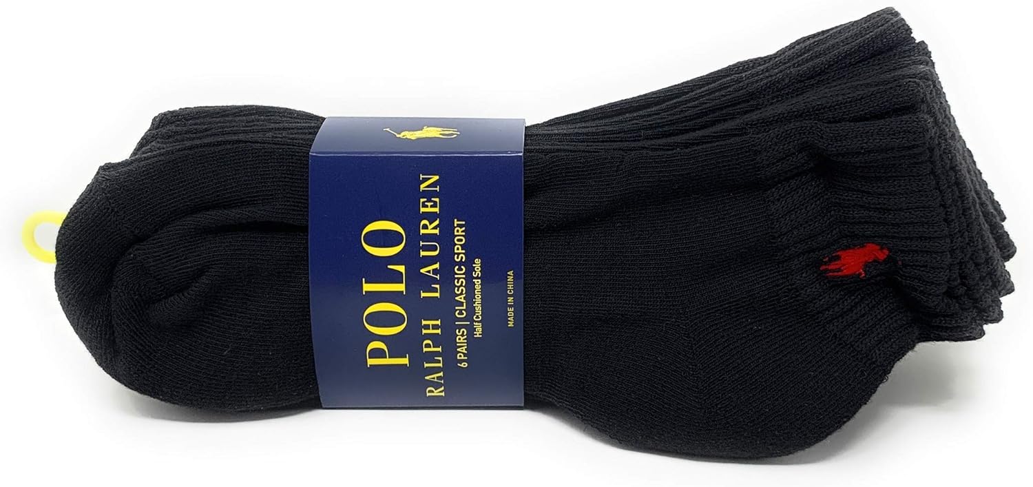 Ralph Lauren Polo Classic Sport 6 Pack half Cushioned sole Men's Socks (Black with Red Horse)