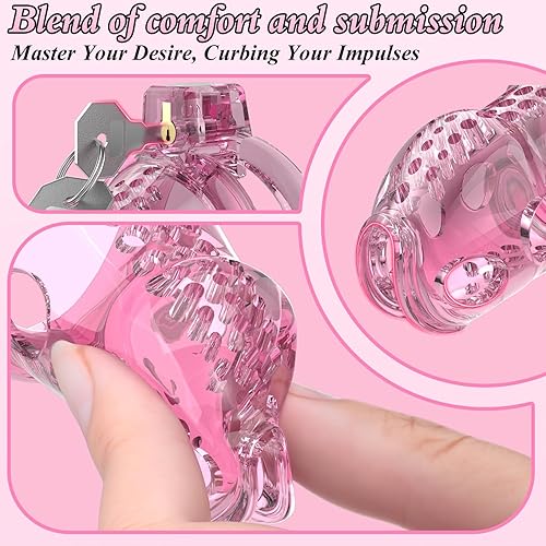 Miniatura 6 de Jaula de castidad masculina  Jaula de pene rosa ligera con parte delantera de plástico suave y anillos de 6 tamaños, cómodo dispositivo de castidad