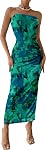 PRETTYGARDEN Robe d'invitée de mariage d'été pour femmes Tube sans pli Top Maxi Bodycon Long Floral Mesh Beach Robes de fête de vacances