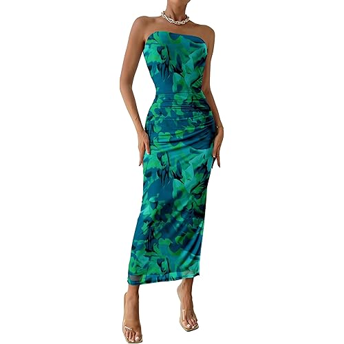 PRETTYGARDEN Women's Summer Maxi Bodycon Dresses Strapless Tube Top Printed Long Party Club Slit Dress