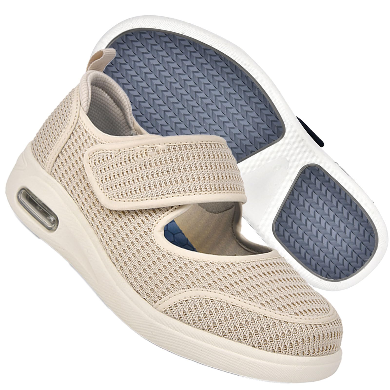 Turnschuhe mit Klettverschluss Damen Schuhe Extra Breite Füße Weite Laufschuhe Dämpfung Bequeme atmungsaktive Outdoor rutschfest,Beige,40.5 EU