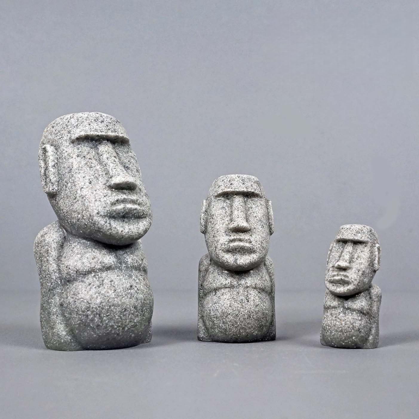 Moai Figuren 3er-Set, Sandstein-Harz Steinoptik – Aquarium & Tischdeko, Groß Mittel Klein (1x Steingrau + 1x Moosgrün)