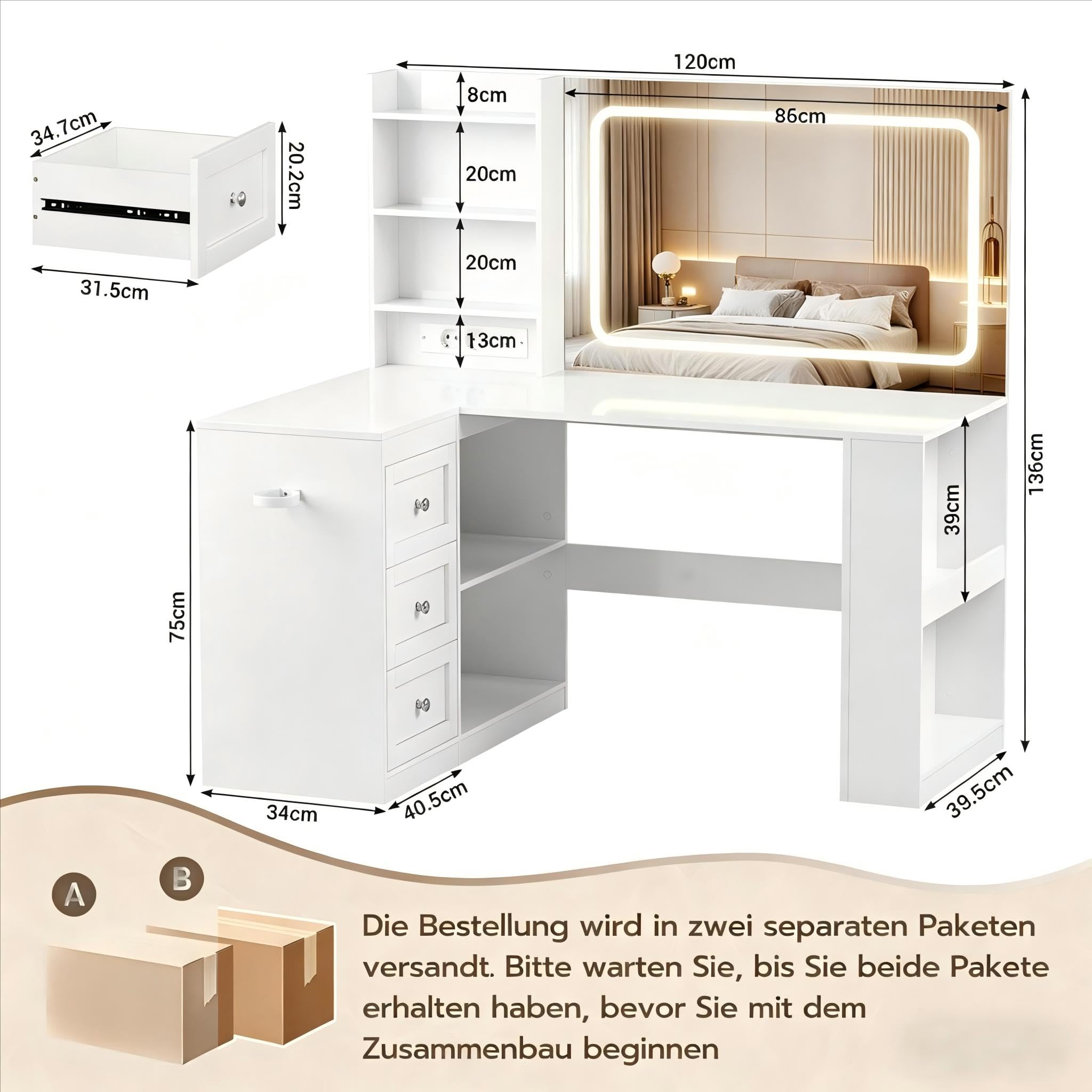 YOUDENOVA Schminktisch mit LED-Beleuchtung, Großer Spiegel und Steckdosen, Schminktische mit 3 Schubladen und 3 Ablageflächen, 4 Unterbaufächer, L-Förmiger Eckschminktisch, 120x80x136cm, Weiß
