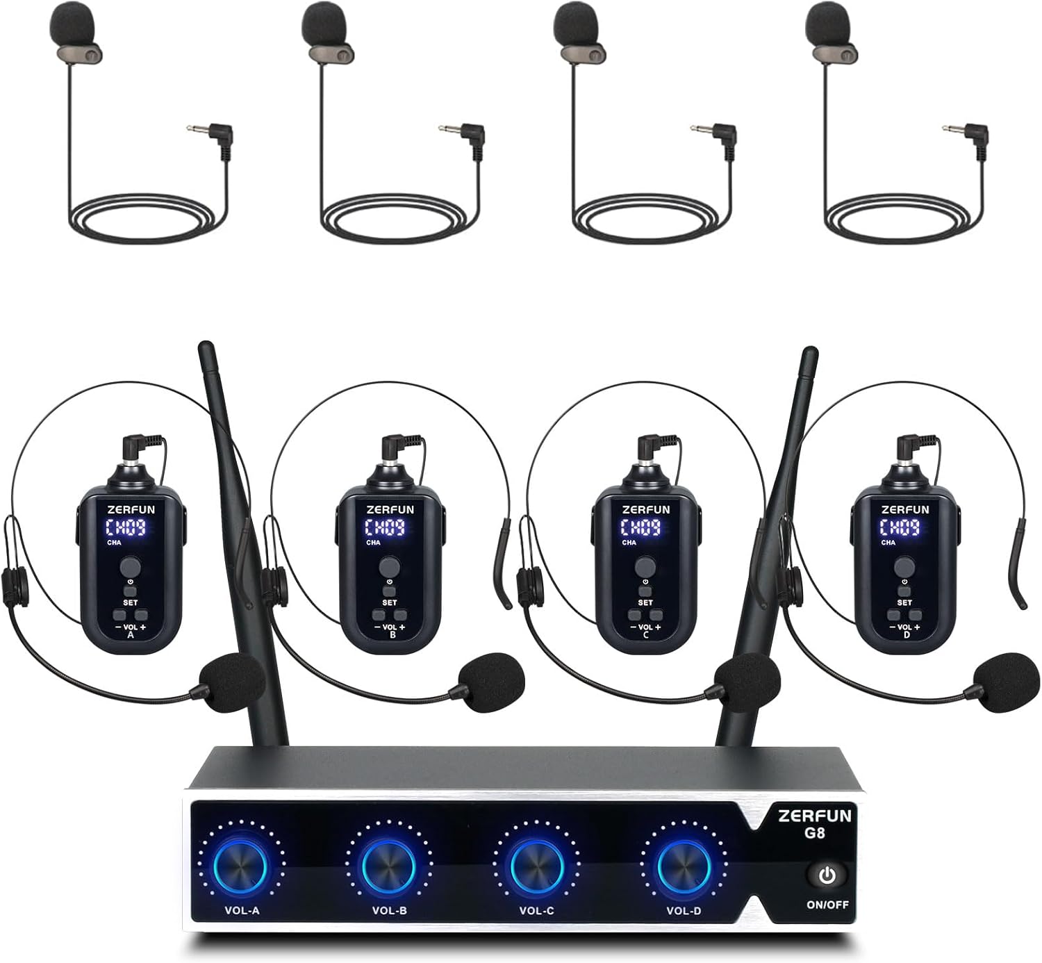 ZERFUN Rechargeable Wireless Microphone System 4 Channel Pro, UHF Metal Headset Lavalier Lapel Mics Cordless for Church Karaoke Singing with Volume Control, 4x50 Frequency(G8)