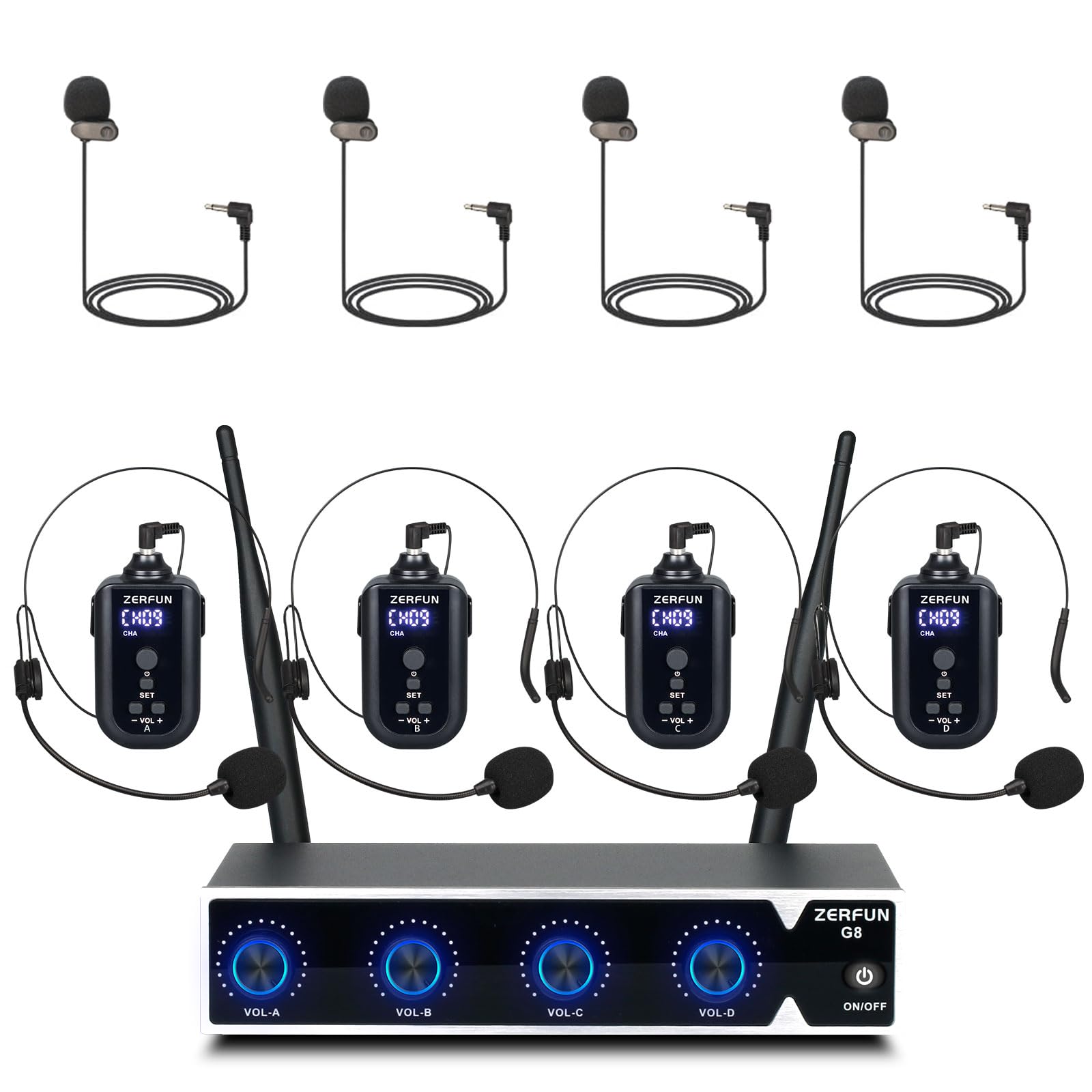 ZERFUN Rechargeable Wireless Microphone System 4 Channel Pro, UHF Metal Headset Lavalier Lapel Mics Cordless for Church Karaoke Singing with Volume Control, 4x50 Frequency(G8)