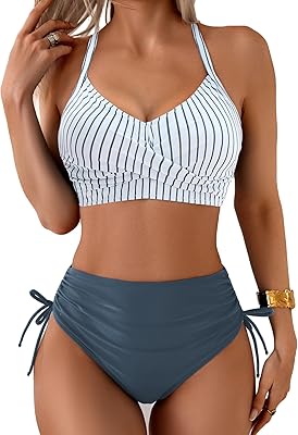 Fanuerg Women's High Waisted Bikini Sets Drawstring Tummy Control Two Piece Swimsuits Crisscross Tie Back Bathing Suit