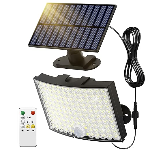 Solar Outdoor Lights, Bright 128 LEDs Flood Light with Optical Lens, Solar Powered Security Lights with 23 ft Cable, Remote Control 5 Modes Motion Sensor Light Outdoor for Garage Carport Yard