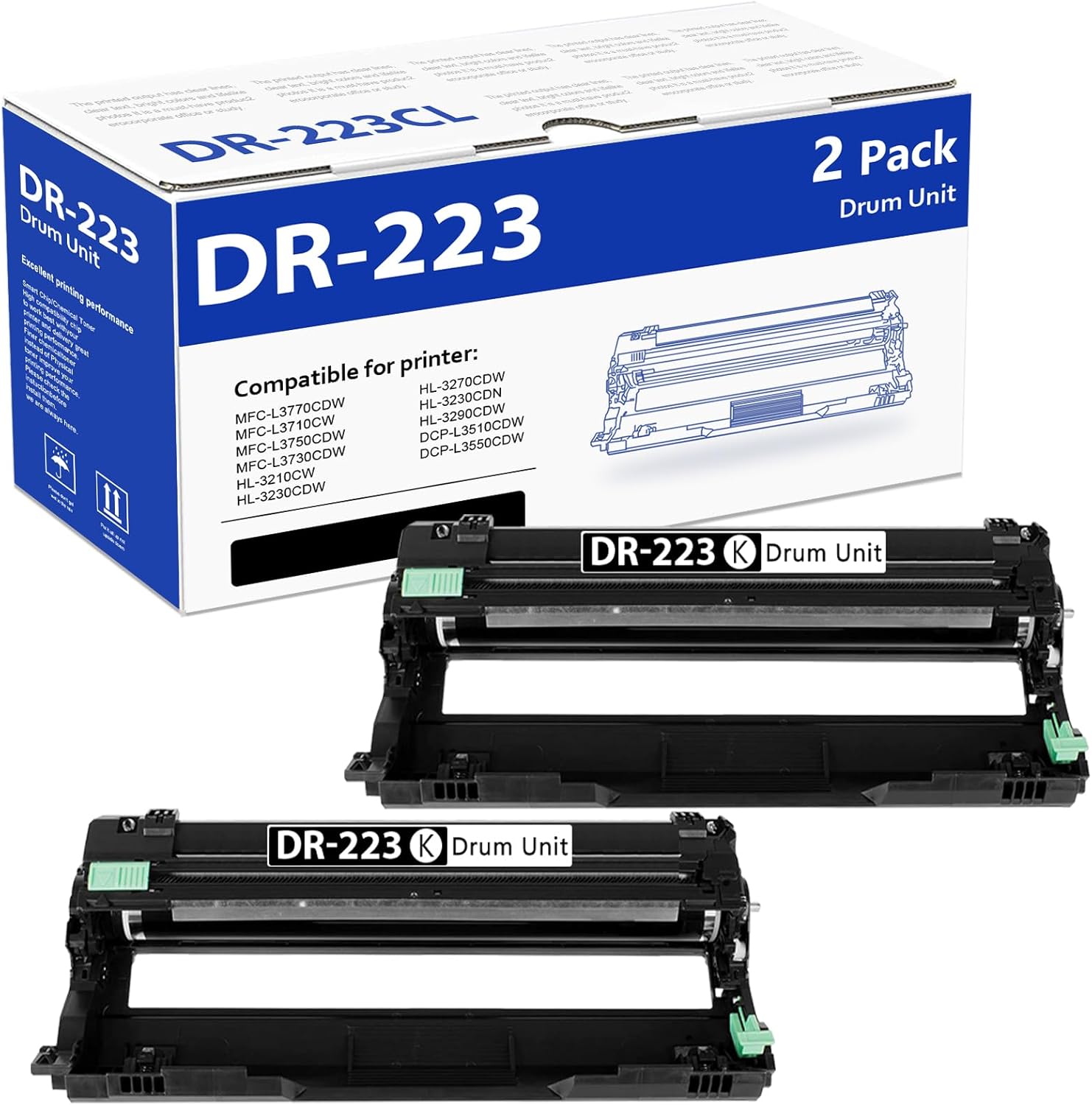 2 Pack DR223CL DR 223CL Black Drum Unit High Yield Replacement for Brother DR223CL DR223 DR-223 Drum Unit MFC-L3770CDW MFC-L3750CDW MFC-L3710CW HL-L3230CDW HL-L3290CDW HL-L3210CW Printer