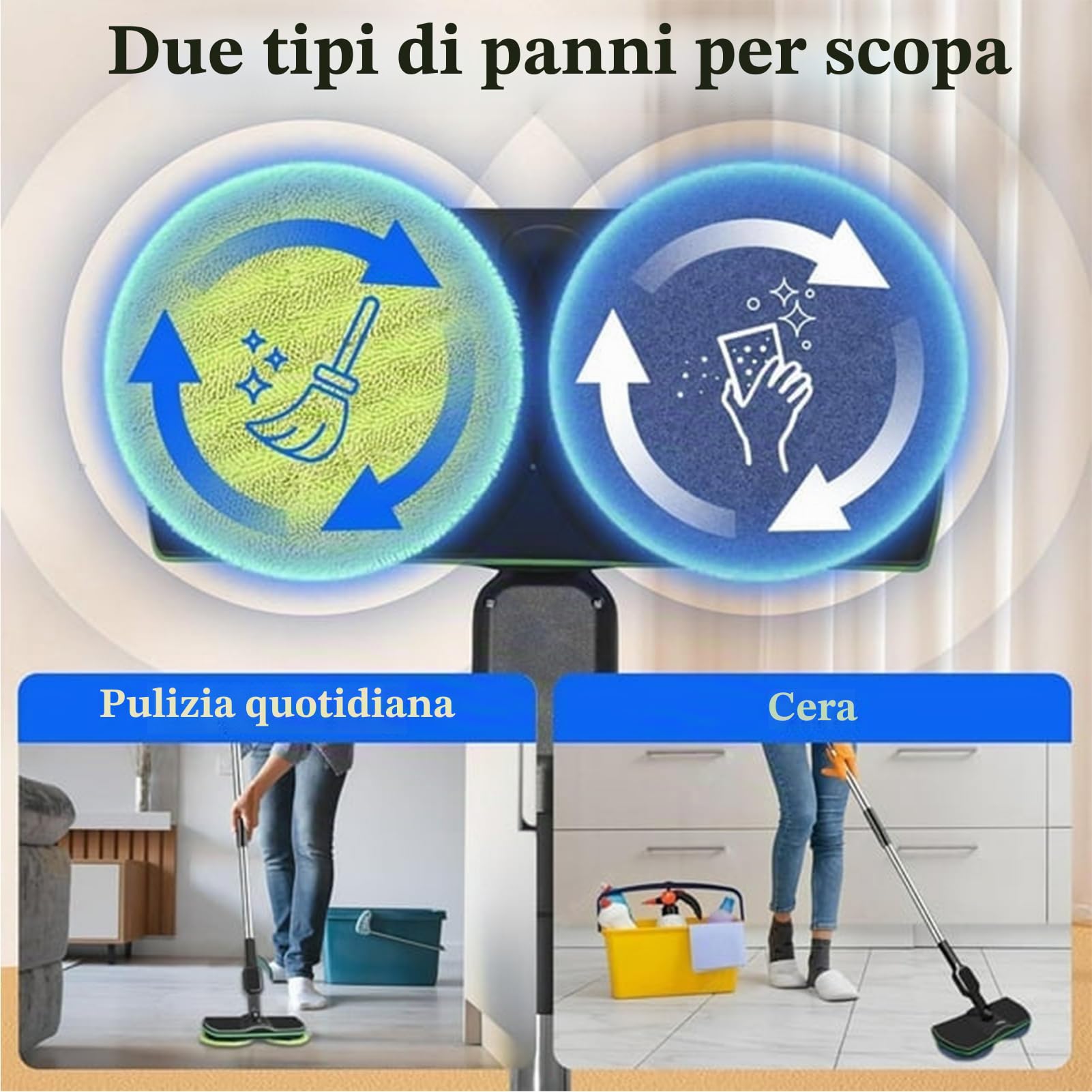 Lavapavimenti elettrico, mocio rotante ricaricabile senza fili, pulitore e lucidatrice per pavimenti duri con microfibra e cuscinetti lucidanti per laminato, legno e piastrelle