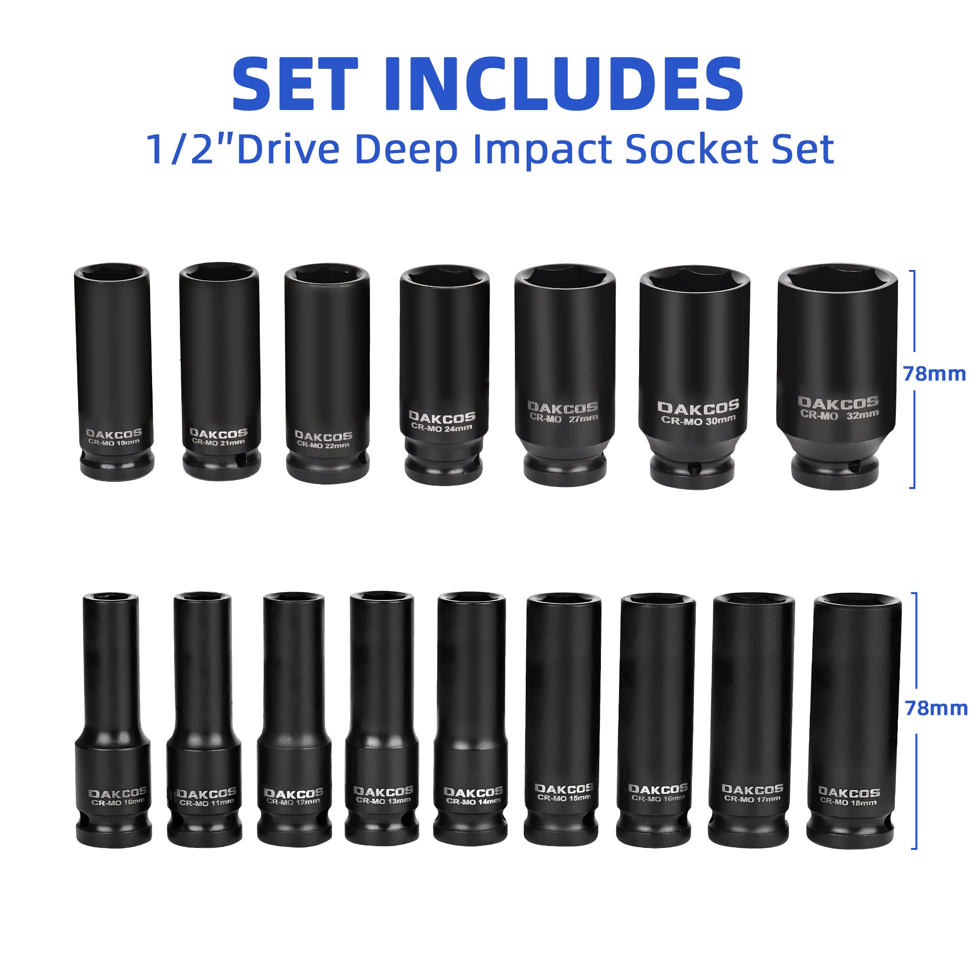 DAKCOS 16 Pezzi di Bussole Esagonali 1/2", Metriche Esagonale 10-32 mm | Set Bussole a Impatto Profondo Prese,Cr-Mo