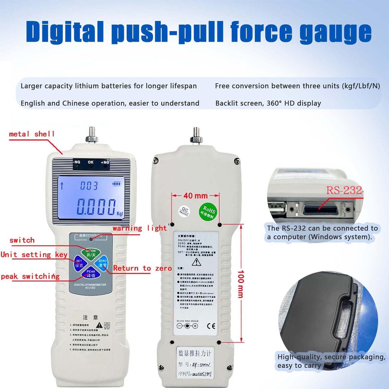 Digitale Zugprüfmaschine, Push-Pull-Messgerät mit übersichtlichem Display | Von 10–2000 N Kapazität, 270 mm Hub, Handradbedienung for Druck- und Zugtests, USB-Datenexport