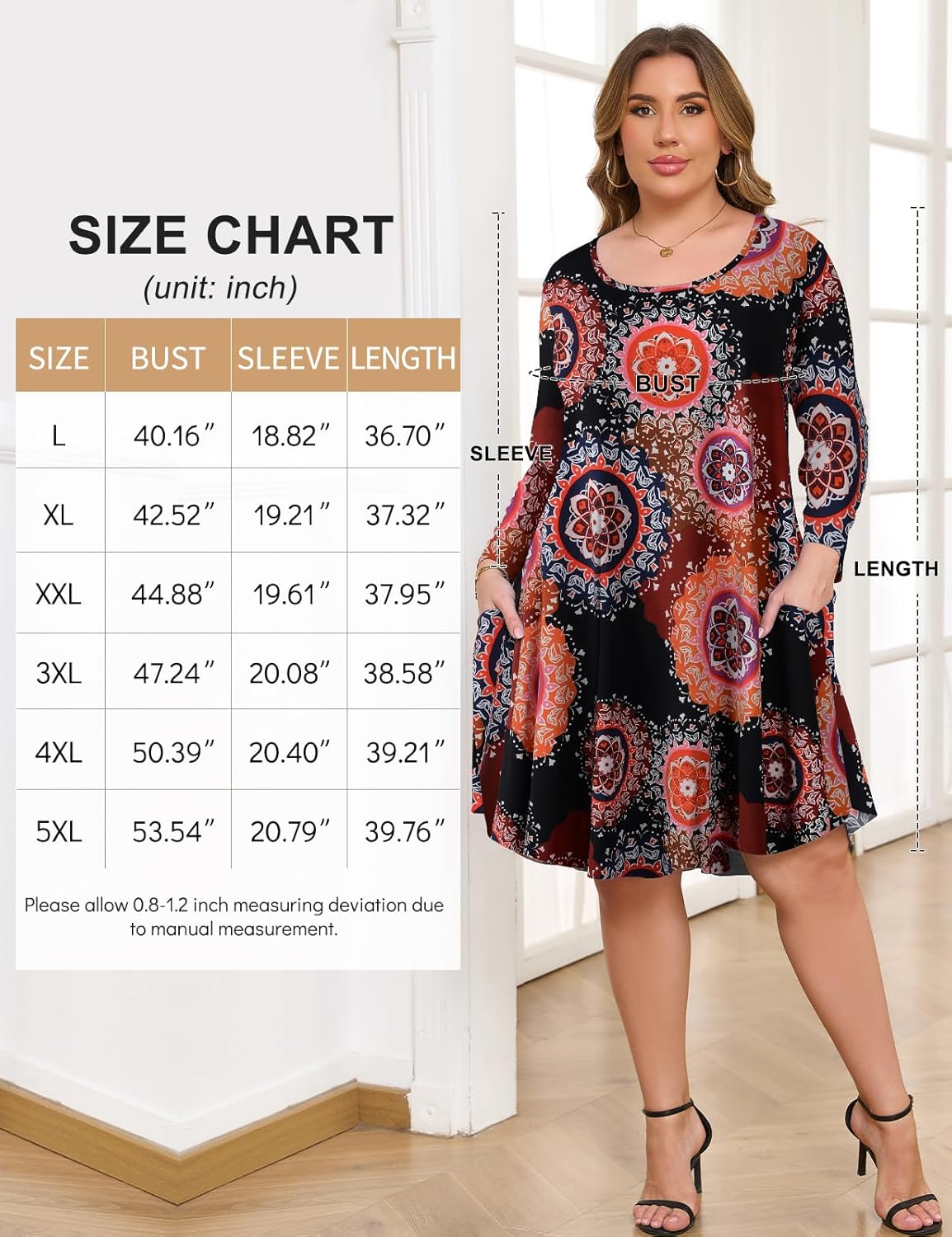 JollieLovin Women Plus Size 3/4 Sleeve Casual Dresses Crew Neck T Shirt Swing Dress with Pockets - Image 7