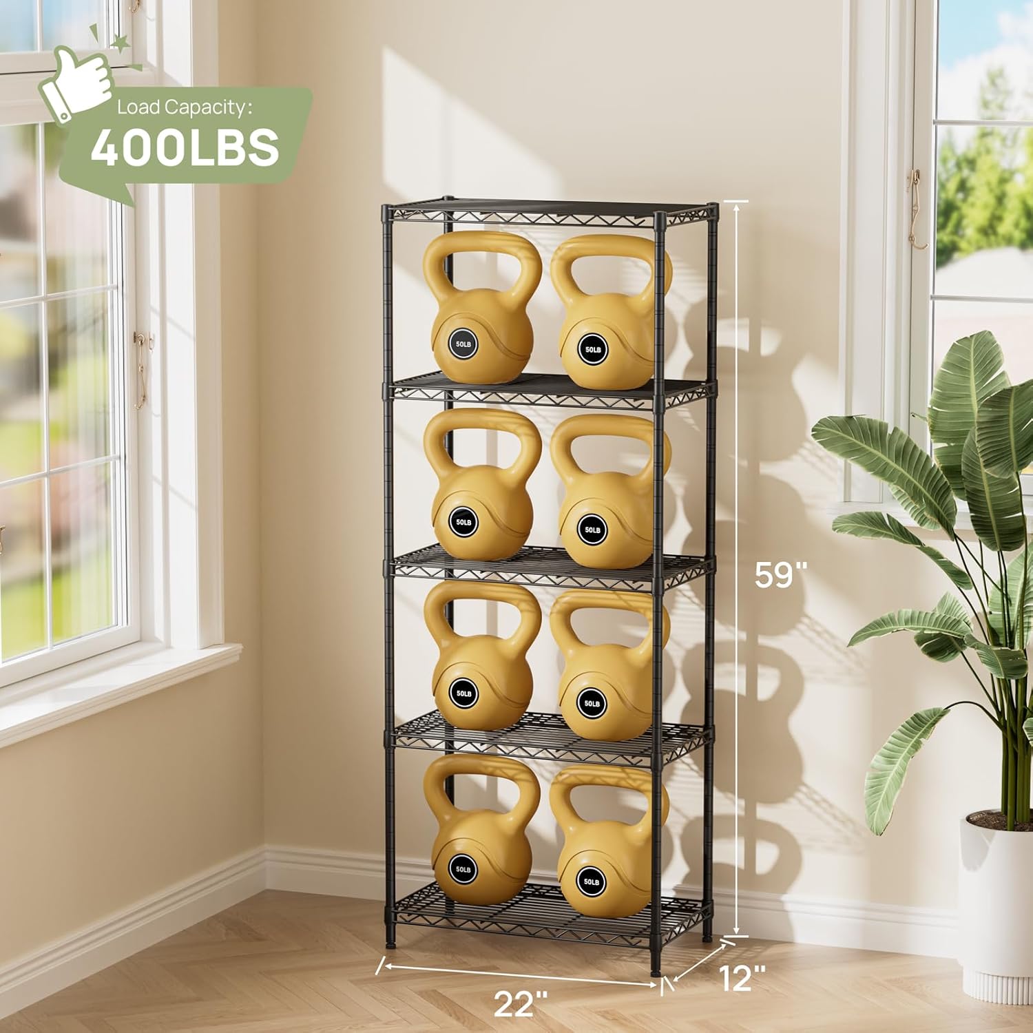 5 Tier Adjustable Storage Shelves Heavy Duty Metal Utility Shelf 500LBS Capacity Wire Shelving Unit Organizer Rack for Home Kitchen Office Bathroom Pantry Room 12" D x 22" W x 59" H Black