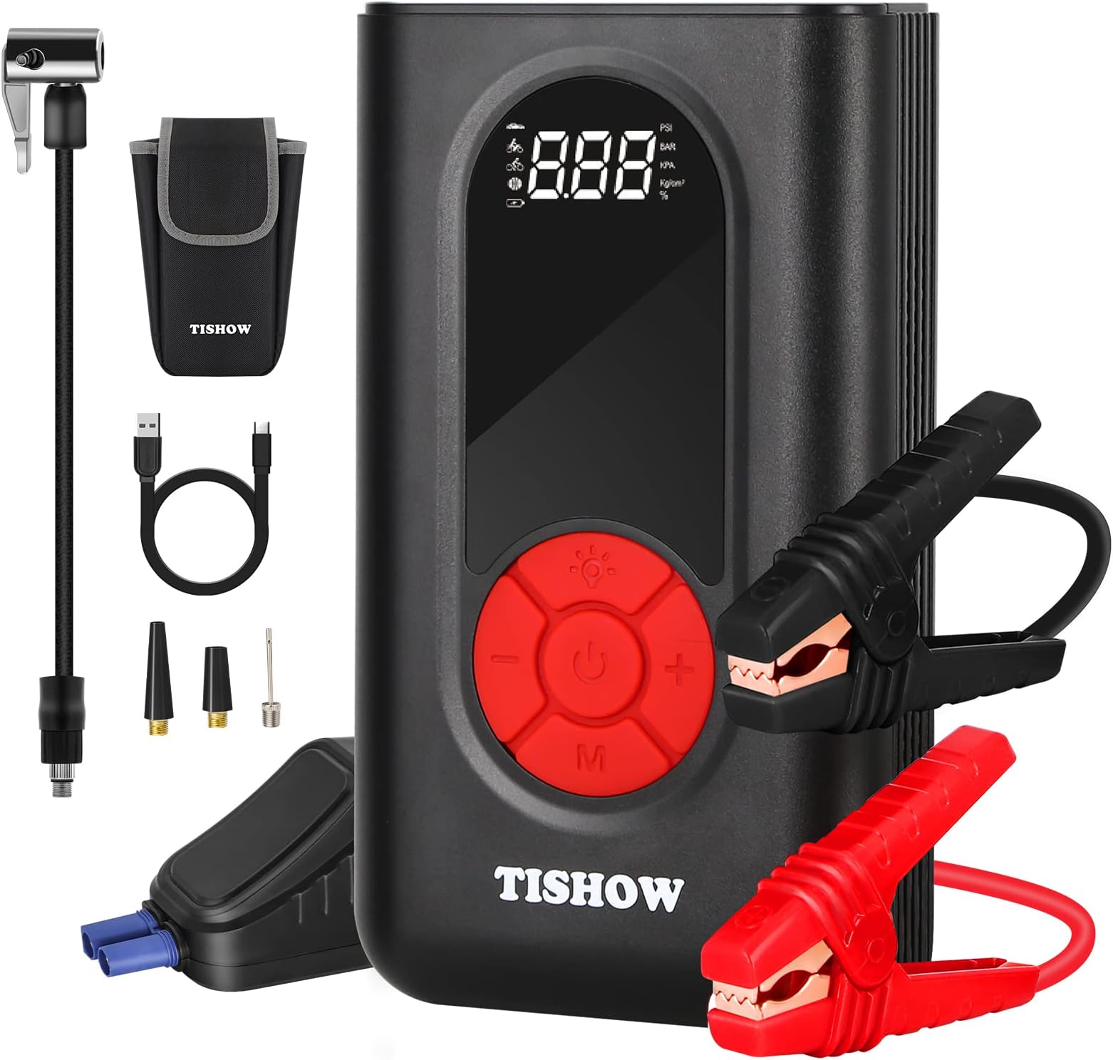 Démarreur Voiture Portable 150 PSI + Compresseur - Booster Batterie 600A, Power Bank 8000mAh, Lampe Urgence - Pour Essence/Diesel