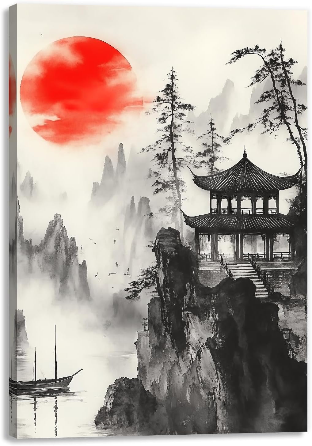 GLOKAKA Japanese Canvas Wall Art Japan Traditional Artwork Natural Landscape Painting Prints Temple Red Moon Pictures for Living Room Office Decor(Artwork-4,20"x30")