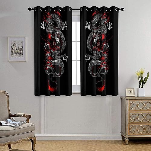 Miniatura 4 de fucyBu Cortinas opacas para oscurecer la habitación con ojales, diseño de dragón chino, fantasía, retro, negro, rojo, dragón japonés, eficiencia