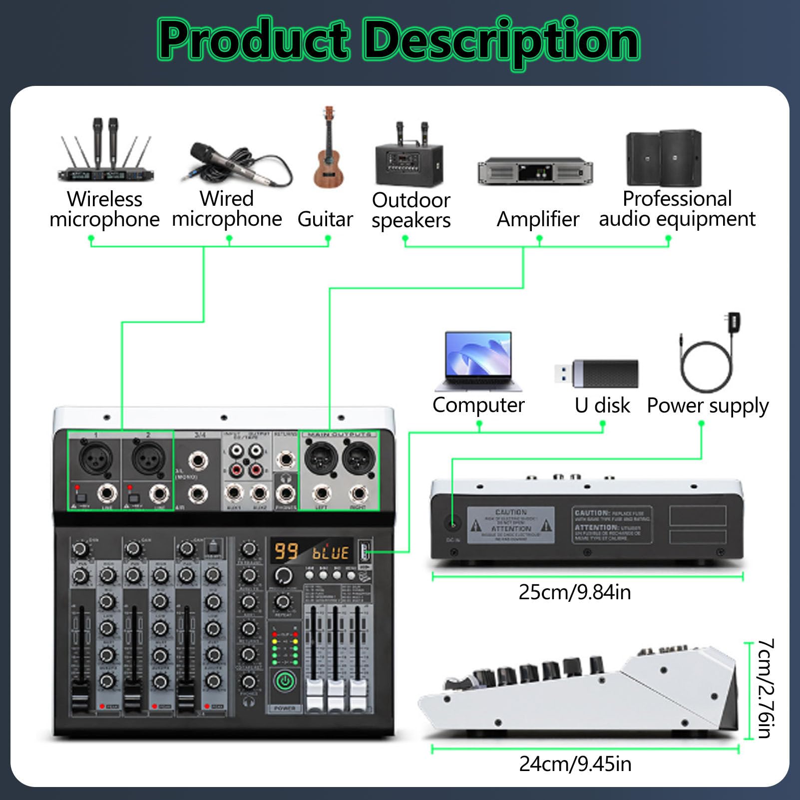 Mezclador de Audio Profesional, Mesa de Mezclas de música Profesional, Mezclador de DJ, con Efecto de retardo de Eco Bluetooth USB Digital de 5 Canales, para grabación en PC. 6-Channel