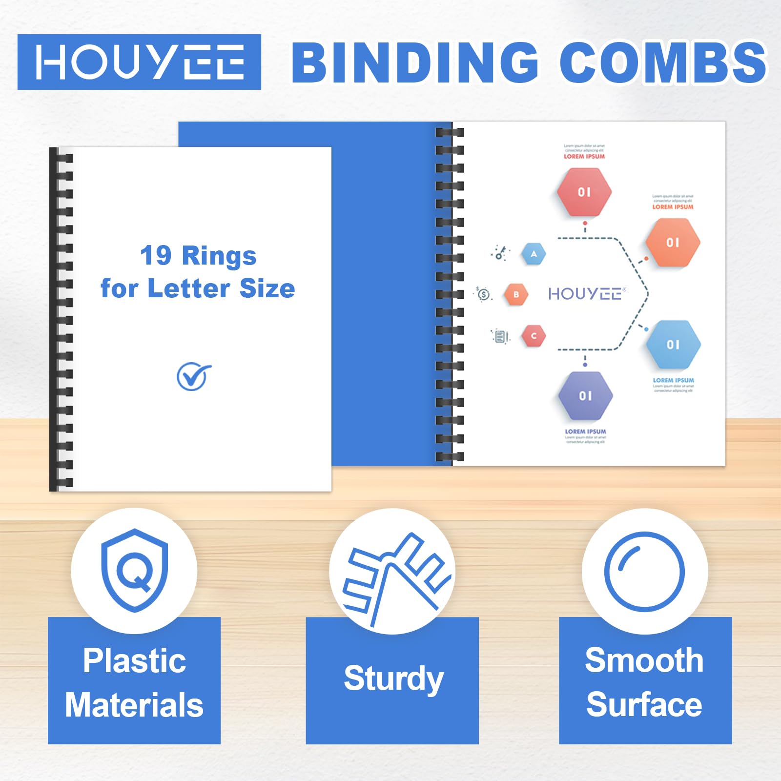 HOUYEE Lot de 50 peignes de reliure en plastique à 19 anneaux, 2,5 cm de diamètre, capacité de 220 feuilles, format lettre, reliure noire (lot de 50)