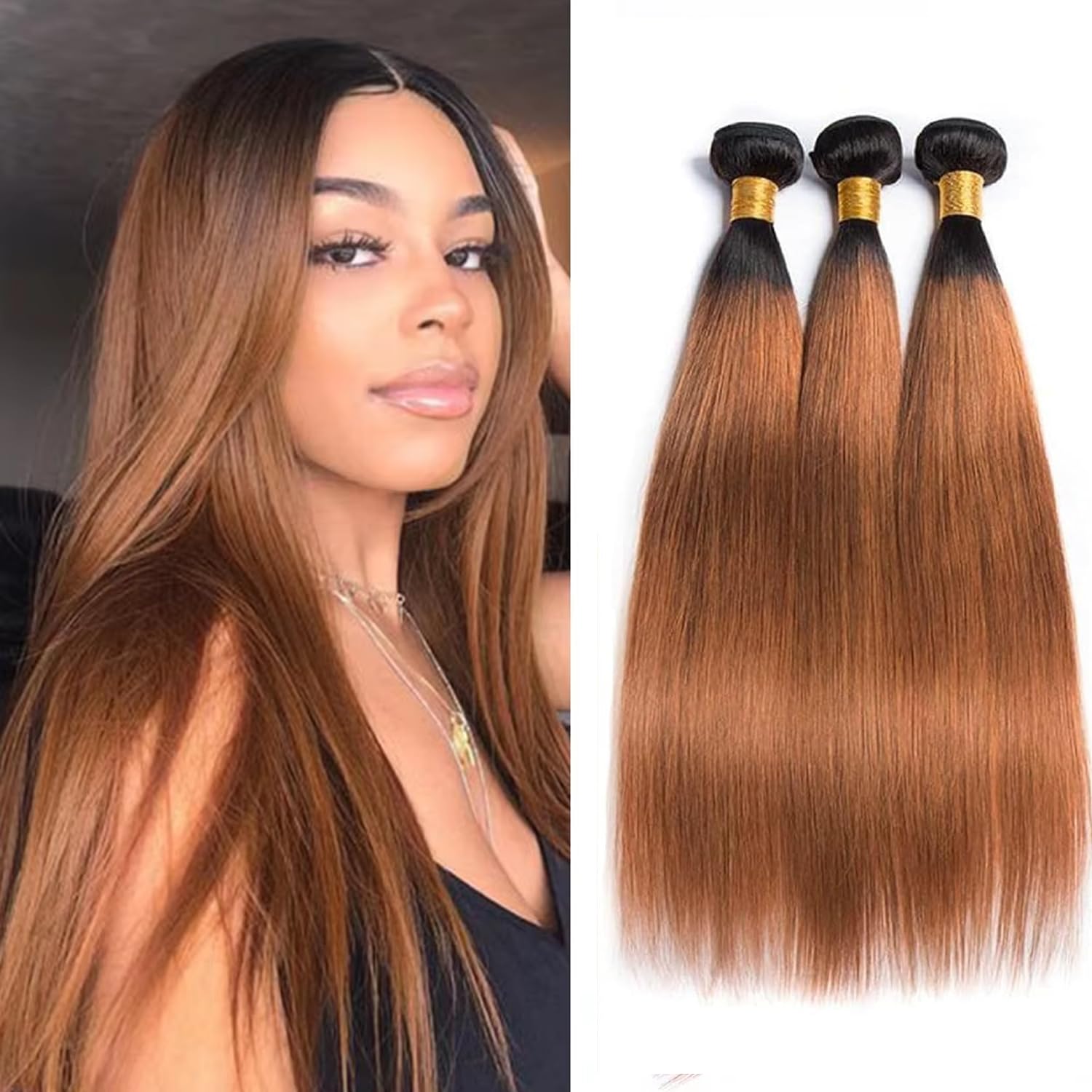 Light Brown Straight Bundles Human Hair T1B/30 Ombre Bundles Double Weft Brazilian Human Hair Sew-In Weave Extensions 12 14 16 Inch（Black Ombre Light
