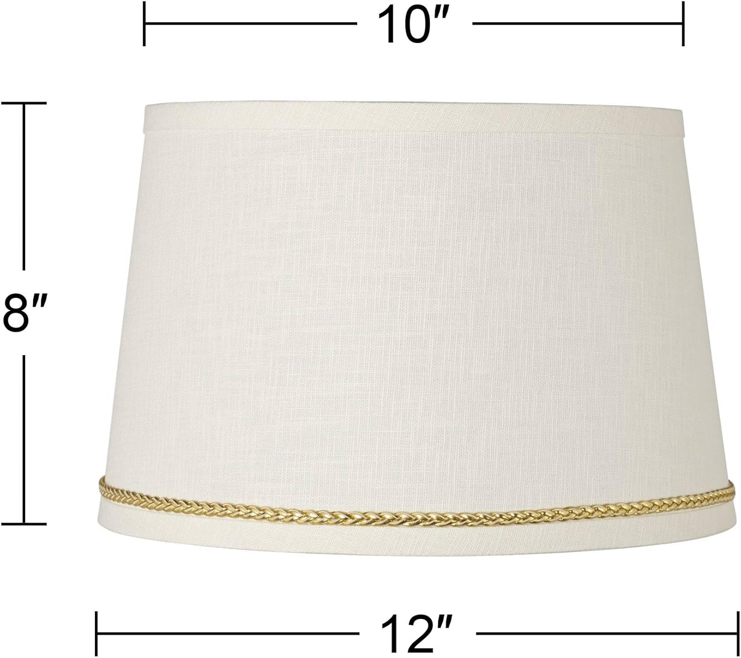 White Linen Medium Drum Lamp Shade (Pre-Assembled) with Gold Luster Braid Trim 10" Top x 12" Bottom x 8" High (Spider) Replacement with Harp and Finial - Springcrest