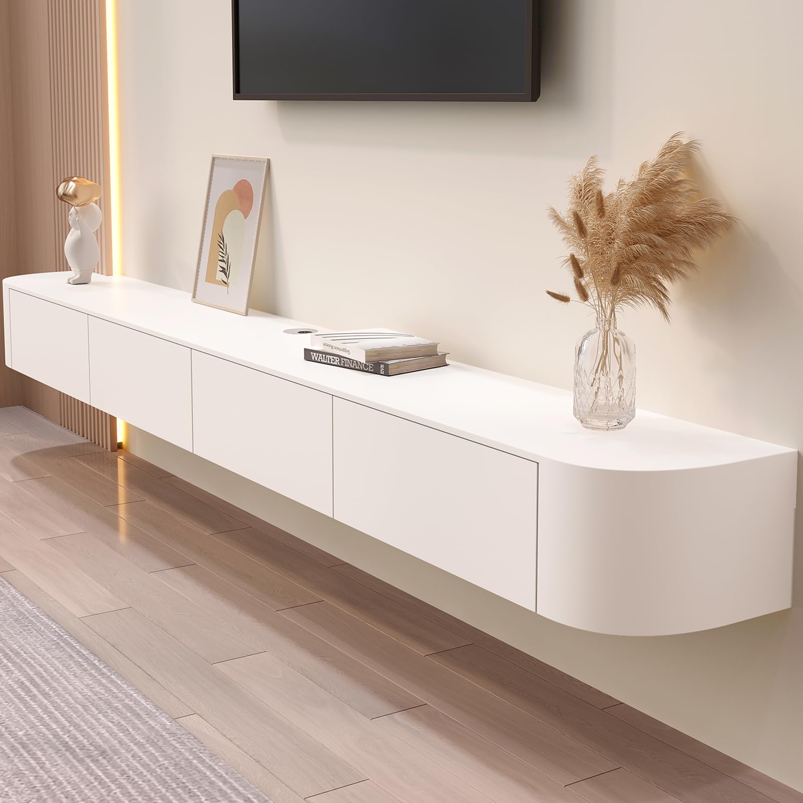 Weiß TV-Schrank,Fernsehtisch Hängend mit 2 Schublade,1 Türen,140 cm lang,TV Lowboard für Fernseher bis zu 60 Zoll,TV Tisch,Hängeboard Schwebend,TV Board hängend,für Wohnzimmer,Schlafzimmer