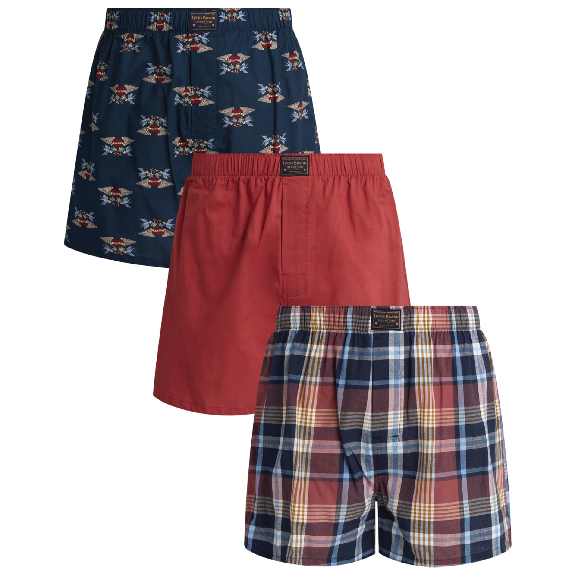 Lucky Brand Mens Boxer Shorts - 3 Pack 4'' Inseam Woven Cotton Boxers for Men with Functional Fly Mens Underwear Boxers