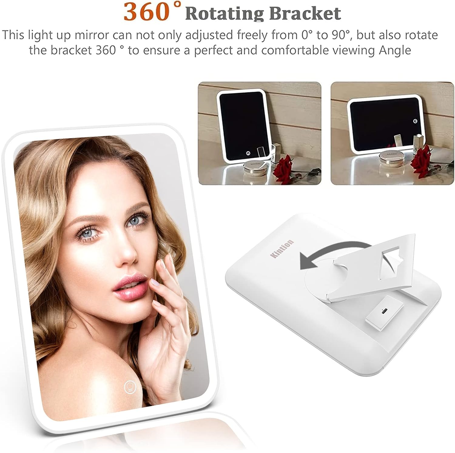 Kintion Lighted Makeup Mirror, Portable USB Rechargeable Vanity Mirror with Lights, 360° Swivel Placement, Touch Screen Brightness Adjustable