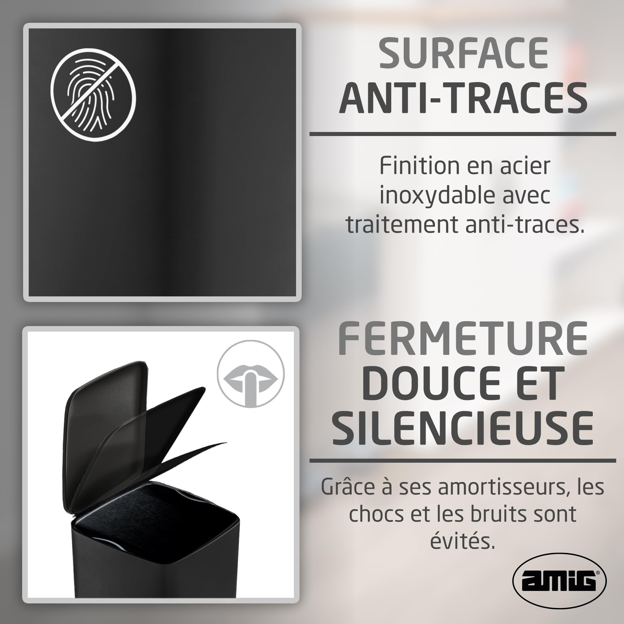 Amig - Poubelle à pédale 30 litres Mod. Artvin - Couleur noire - Ouverture hygiénique sans contact - 27 x 36 x 65 cm - Acier inoxydable laqué - Poubelle de cuisine avec couvercle hermétique