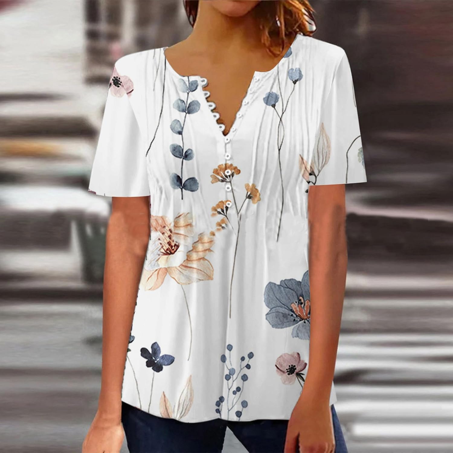2023 New Womens Floral Short Sleeve Button V Neck Shirts Vintage Casual Blouse Ethnic Print Summer Tunic Top Loose