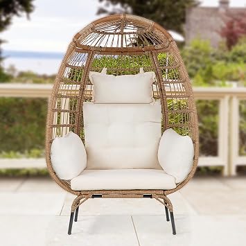 Egg Chair,Outdoor Egg Chair for Indoor,Standing Egg Chair with 4 White Comfort Cushion,352lb Capacity for Patio, Garden,Living,Bedroom,Balconysun Room or PorchSteel Frame White