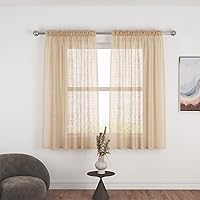 Vista 29 de UPOPO Paneles de Cortina Beige Pequeños Cortinas Transparentes de Gasa de 16 Pulgadas de Largo Cortinas de Cocina de Voile con Textura de Lino