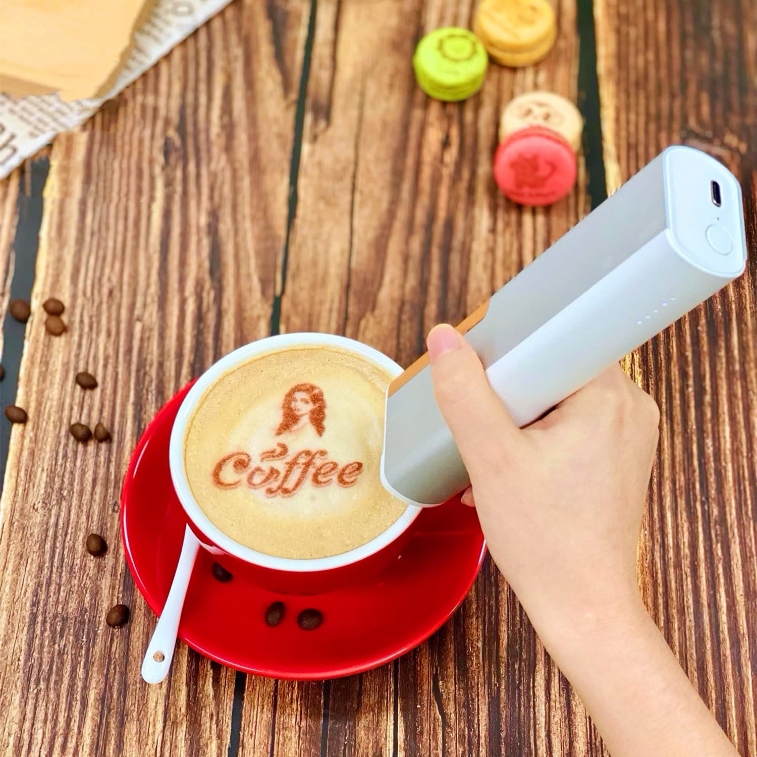 Impresora de café portátil, impresora portátil de alimentos, impresora de macarrones, impresora de diseño de alimentos DIY, Mini impresora de inyección de tinta comestible(Red words)