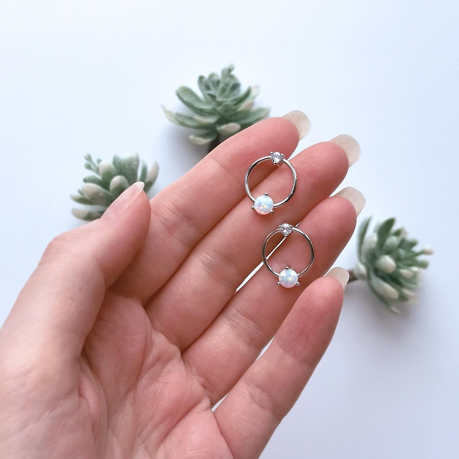 Orecchini Rotondi Con Opale Di Fuoco - Argento Sterling 925 - Semicerchio Elegante Per Donna - SALAN