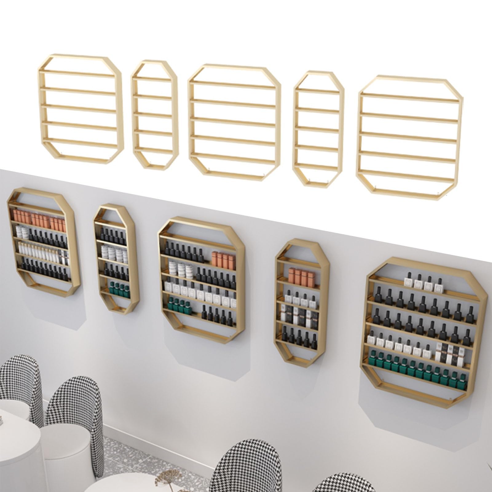 Confezione da 5 Porta smalti da Parete, Grande Set di contenitori per smalti, Organizer per Oli Essenziali, vetrine per saloni di Bellezza, Centri Benessere (Oro)