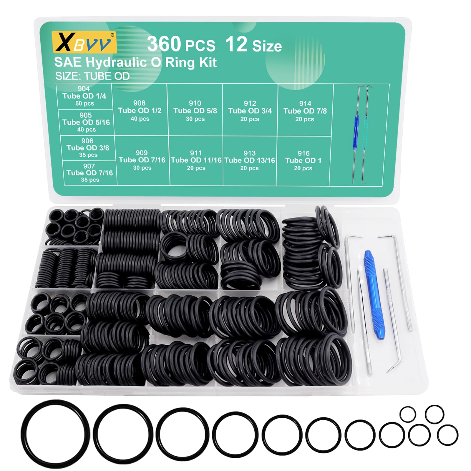 XBVV 360 Pcs ORB BOSS Hydraulic O-Ring Kit SAE 900 Series 12 Size Buna-N 70A with Pick O-Ring Seal Kit for Boss Tube Fitting,Hydraulic Fitting, Straight Thread Fittings,（-904 to -914,-916）