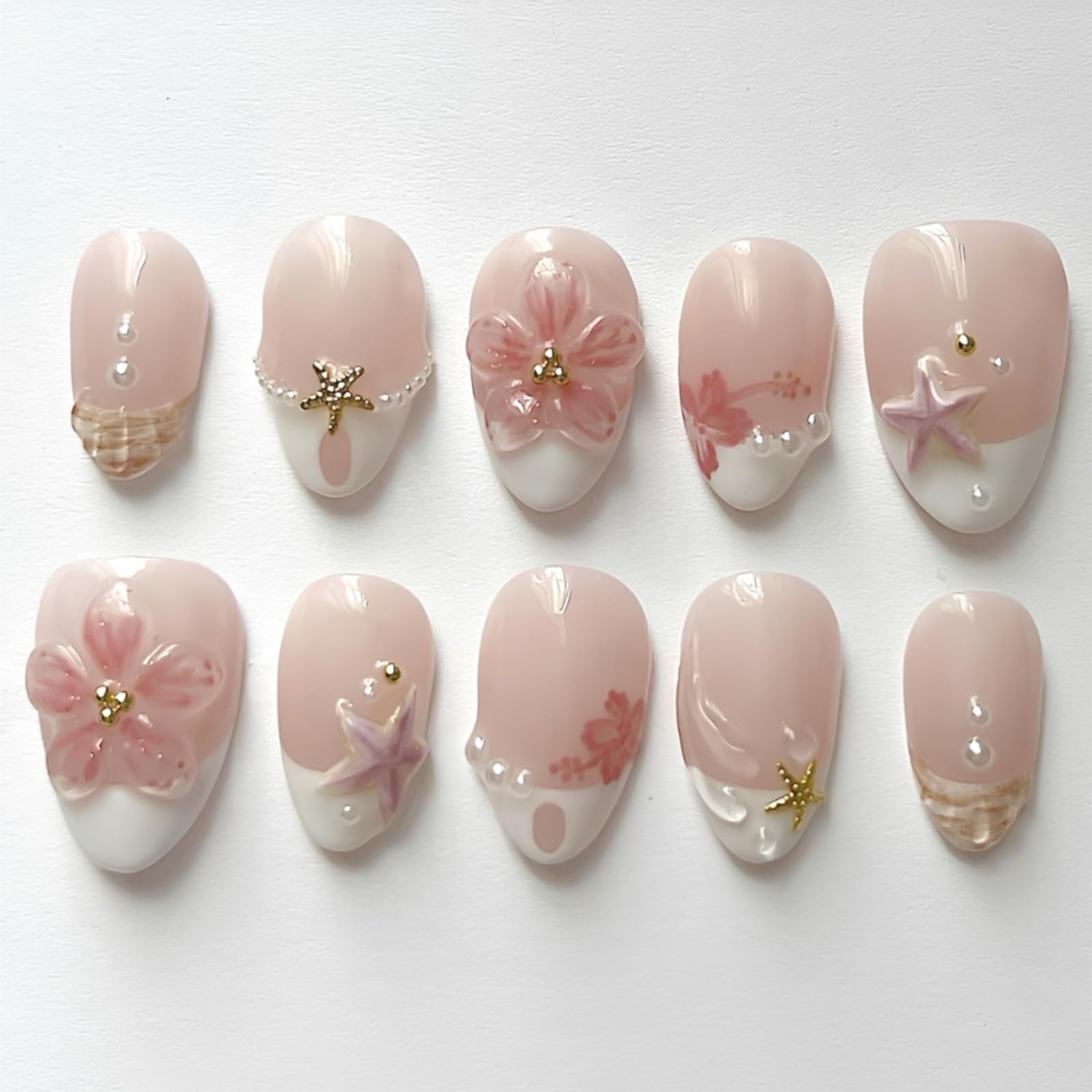30-Piece French Press On Nails with 3D Starfish Pearl and Flower Design, ABS Nail Extensions for DIY Manicure-image-27