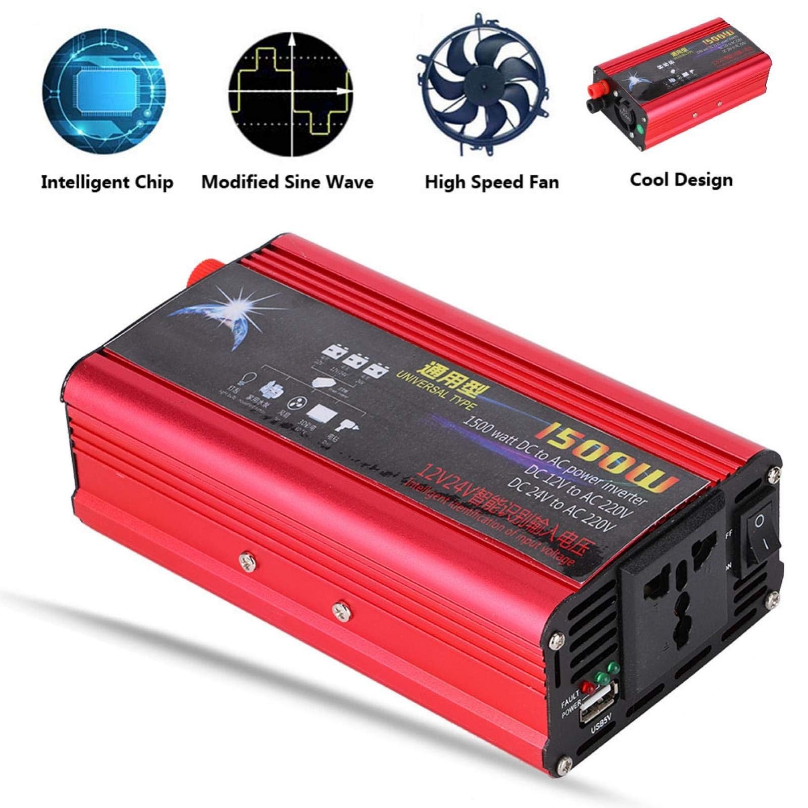 Falownik samochodowy 1500 W z podwójnym adapterem USB do samochodu, przetwornica DC 12 V/24 V do AC 220 V, ładowarka samochodowa, inwerter, konwerter