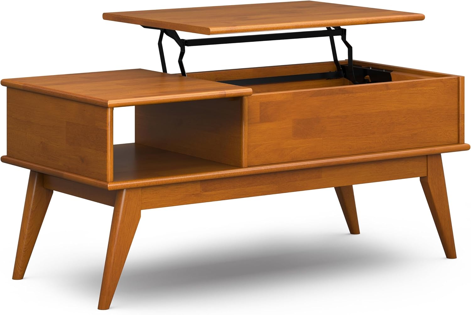 SIMPLIHOME Draper Lift Top Coffee Table - 48 inch Wide Solid Hardwood Mid-Century Modern Cocktail Table in Teak Brown, Functional Living Room Table with Storage Compartment, Open Shelf and Angled Legs Lift Top Coffee Table Teak Brown 48 inch