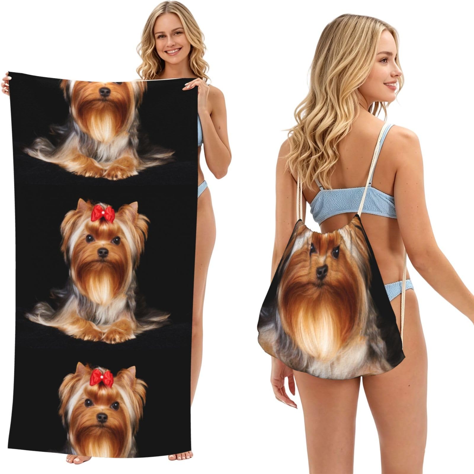 Poadnly As Picture Yorkshire Terrier And Ribbon, 2 In 1 Packable Towel Bag, Beach Towels With Drawstring Backpack For Travel Holiday Camping