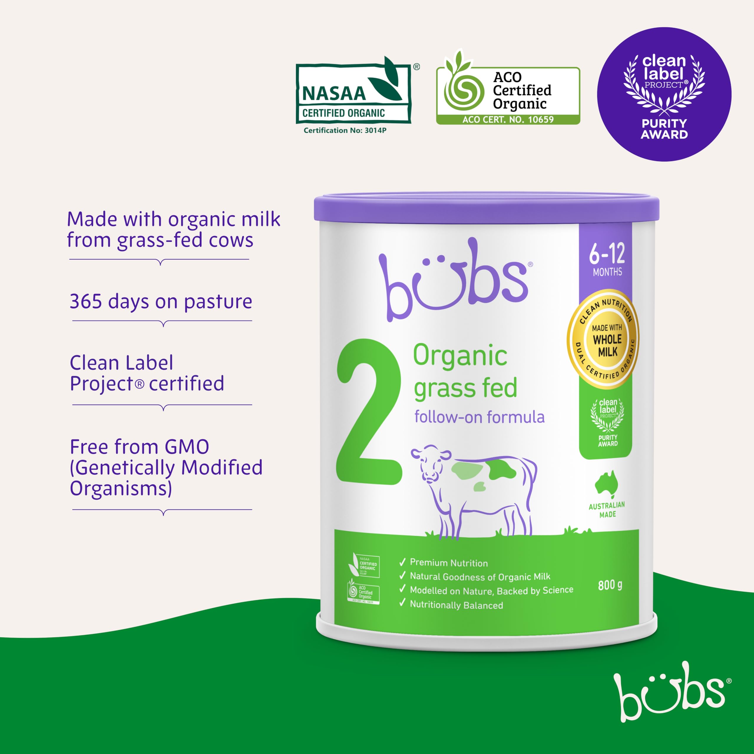 Bubs Organic Grass Fed Follow-On Formula Stage 2, Baby 6-12 Months