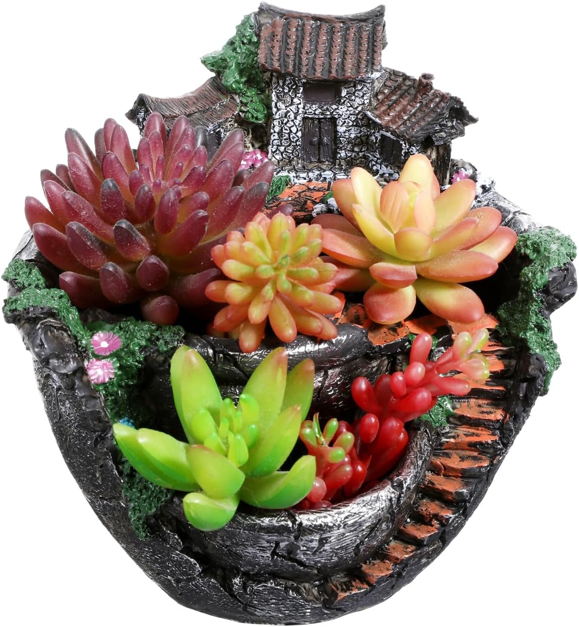 OUNONA Plant Pot, Mini Garden Pot Container Fairy Garden Pot with Sweet House Tabel Decor for Home Office Living Room (Silver)